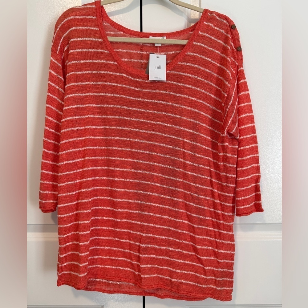 J.Jill Orange White Stripe Linen Blend Sweater Women M Button Shoulder Detail